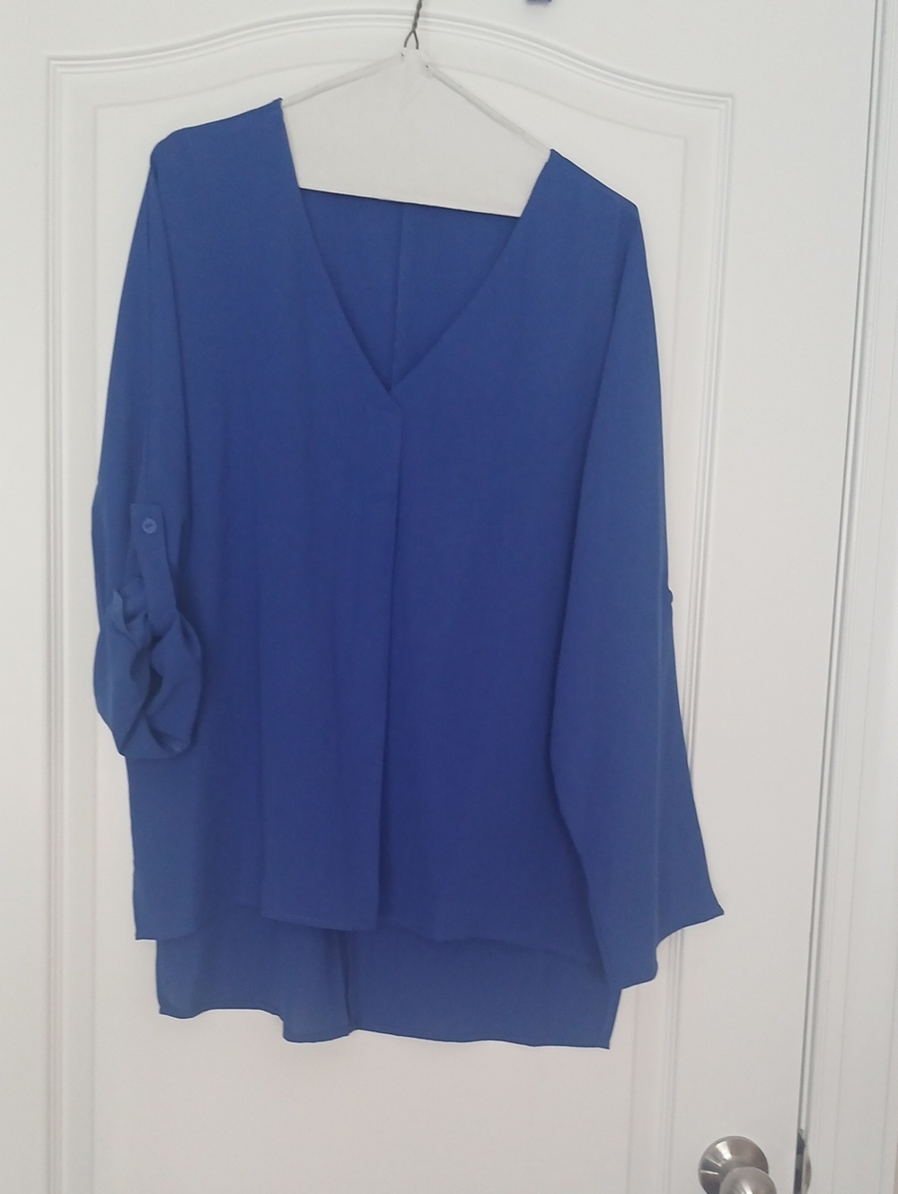 Blue V-Neck Roll-Sleeve Women's Blouse